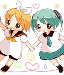  bad_id bad_pixiv_id blonde_hair blush child green_eyes green_hair hair_ribbon hatsune_miku heart holding_hands kagamine_rin kohane_(copinc) multiple_girls necktie ribbon short_hair short_twintails skirt smiley_face star twintails vocaloid younger 