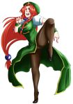  absurdres braid china_dress chinese_clothes dress full_body hat highres hong_meiling kent_(kariumu) long_hair low-tied_long_hair panties panties_under_pantyhose pantyhose red_eyes red_hair solo standing touhou transparent_background twin_braids underwear very_long_hair 