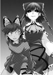  animal_ears black_sclera breasts cat_ears cat_tail chado detached_sleeves greyscale hair_ribbon hakurei_reimu highres kaenbyou_rin large_breasts medium_breasts monochrome multiple_girls multiple_tails ribbon tail touhou wide-eyed you_gonna_get_raped 