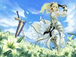  armor armored_dress armpits artoria_pendragon_(all) avalon_(fate/stay_night) blonde_hair cloud day dress excalibur fate/stay_night fate/unlimited_codes fate_(series) faulds field flower green_eyes hair_ribbon petals ponytail ribbon saber saber_lily sayou sheath sky smile solo sword weapon wind 