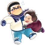  &gt;_&lt; 2boys ^_^ bara beard blue-framed_eyewear chibi closed_eyes couple denim embarrassed facial_hair flying_sweatdrops full_body glasses gloves happy jeans long_sideburns male_focus multiple_boys norijaga original pants scarf shoes short_hair sideburns sneakers stubble surprise_hug surprised sweatdrop sweater winter_clothes yaoi 