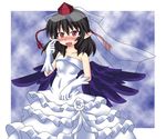  akatsubon black_hair black_wings blush bridal_veil bride dress gloves hat highres looking_at_viewer open_mouth pointy_ears red_eyes shameimaru_aya short_hair solo tokin_hat touhou veil wedding_dress wings 