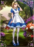  alice_(wonderland) alice_in_wonderland apron blonde_hair blue_dress bunny dress highres legs mary_janes mushroom pantyhose shigureteki shoes solo 