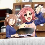  animal_ears brown_hair cat_ears cooking flipping_food food glasses highres indoors miki_purasu multiple_girls open_mouth original red_hair short_hair wok 