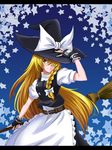  adjusting_clothes adjusting_hat alternate_costume apron blonde_hair bow braid broom dress fingerless_gloves gloves hat kirisame_marisa ribbon solo star touhou windtalker witch_hat 