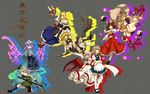  alice_margatroid blonde_hair frills gathers grey_background hakurei_reimu highres hitodama imperishable_night izayoi_sakuya katana kirisame_marisa konpaku_youmu konpaku_youmu_(ghost) light_particles multiple_girls remilia_scarlet saigyouji_yuyuko shanghai_doll shibasaki_shouji sword touhou weapon yakumo_yukari 