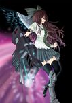  alternate_weapon arm_cannon armor armored_dress asymmetrical_clothes black_legwear boots bow brown_hair cape green_bow hair_bow high_heels mismatched_footwear plaid pleated_skirt red_eyes reiuji_utsuho shoes skirt smine solo thighhighs touhou weapon wings zettai_ryouiki 