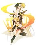  1girl aqua_eyes bad_id bad_pixiv_id blonde_hair brother_and_sister hair_ornament hair_ribbon hairclip headphones headset instrument kagamine_len kagamine_rin keytar microphone mizuno_minami ribbon short_hair shorts siblings smile twins vocaloid 