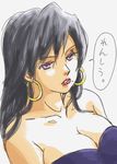  1girl arc_the_lad arc_the_lad_ii beauty_mark black_hair breasts cleavage earrings female jewelry long_hair lowres mole nama-hamu purple_eyes shante shante_(arc_the_lad) solo violet_eyes white_background 