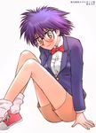  blush glasses kikumaru_bunta original purple_hair short_hair shorts simple_background solo 
