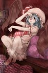  bad_id bad_pixiv_id barefoot bat_wings blue_hair cherry cushion fang feet food fruit hat highres holding holding_food holding_fruit looking_at_viewer nakamura_regura panties pantyshot pantyshot_(sitting) red_eyes remilia_scarlet short_hair sitting solo touhou underwear unmoving_pattern wings 