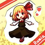  blonde_hair character_name chibi cross dress drooling fang hair_ribbon heart open_mouth outstretched_arms red_eyes ribbon rumia saliva shimafuguchan short_hair simple_background solo spread_arms touhou 