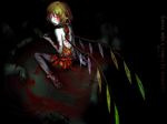  back bare_back bare_shoulders barefoot bell blonde_hair blood colored_eyelashes eyelashes fangs feet flandre_scarlet goocn guro highres jingle_bell leg_ribbon looking_back pointy_ears red_eyes ribbon severed_limb short_hair sitting solo touhou wariza wings 