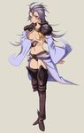  1girl blush body_blush boots breasts cleavage detached_sleeves female final_fantasy final_fantasy_ix flapper_shirt full_body genderswap highres kuja long_hair purple_eyes purple_hair shirt simple_background solo thigh-highs thighhighs ultra violet_eyes 