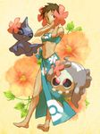  ^_^ barefoot blue_sarong brown_hair closed_eyes duskull elite_four feet flower fuyou_(pokemon) gen_3_pokemon ghost hair_flower hair_ornament navel open_mouth pokemon pokemon_(creature) pokemon_(game) pokemon_rse print_sarong sarong short_hair shuppet yapo_(mess) 