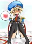  1girl arc_system_works bed beret blazblue blonde_hair blush condom detached_sleeves female fuyu_sato gloves green_eyes hat necktie noel_vermillion photoshop riseandfool short_hair sitting solo thigh-highs thighhighs uniform used_condom 