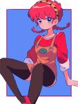  1girl blue_eyes braid breasts closed_mouth hair_between_eyes hairband highres invisible_chair official_alternate_costume ranma-chan ranma_1/2 red_footwear red_hair sanamaru_(sana79261827) sitting solo twin_braids 