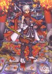  2010 ahoge artist_name autumn_leaves beads geta gloves hair_ornament hairclip katana koutarou_(khanshin) leaf male_focus maple_leaf original prayer_beads red_eyes red_scarf scarf sheath sheathed silver_hair skinny solo sword tabi teddy_(khanshin) tengu-geta weapon 