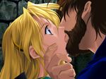  1boy 1girl armor beard blonde_hair blue_eyes brown_hair facial_hair game_cg hair_clip hair_ornament hairclip kiss mustache sharon words_worth 