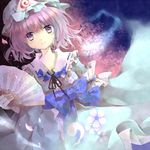  cherry_blossoms dutch_angle fan folding_fan hat japanese_clothes jin_rikuri kimono looking_at_viewer pink_hair purple_eyes purple_hair saigyouji_yuyuko short_hair solo touhou 