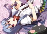  blue_hair chain cherry cherry_blossoms collar food fruit fujy hat hat_removed headwear_removed hinanawi_tenshi holding holding_food holding_fruit long_hair lying on_back petals red_eyes solo tongue touhou 