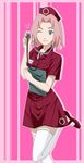  clipboard green_eyes haruno_sakura name_tag naruto nurse nurse_cap pink_hair short_hair smile standing_on_one_leg stethoscope thighhighs white_legwear wink yue-tsuki-chan zettai_ryouiki 