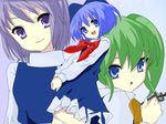  bad_id bad_pixiv_id blue_eyes blue_hair cirno daiyousei dress green_hair hair_ribbon letty_whiterock long_sleeves multiple_girls nagisa_(reon) nanatsuiro_drops oekaki open_mouth parody purple_eyes purple_hair ribbon short_hair side_ponytail simple_background smile style_parody touhou turtleneck 