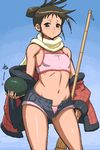  brown_eyes brown_hair cerberus cerberus_(manga) denim denim_shorts flat_chest kamisaki_yoyo_(cerberus) oekaki panties scarf shorts striped striped_panties tenseiani unbuttoned underwear unzipped 