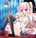  black_legwear blue_eyes breasts checkerboard_cookie cleavage cookie cup cupcake eating food heart large_breasts long_hair no_shoes open_mouth original panties pillow pink_hair sitting solo suzume_miku teacup teapot thighhighs tiered_tray twintails underwear 