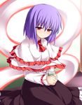  blush capelet frills katami_shinta nagae_iku no_hat no_headwear purple_hair red_eyes seiza short_hair sitting skirt solo tea touhou 