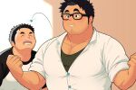  2boys ^_^ arm_hair bara black-framed_eyewear black_tank_top blush bursting_pectorals chest_hair closed_eyes collared_shirt facial_hair flying_button glasses hairy highres large_pectorals long_sideburns male_focus mature_male motion_lines multiple_boys muscular muscular_male norijaga open_mouth original pectoral_cleavage pectorals plump raglan_sleeves shirt short_hair sideburns sleeves_rolled_up stubble surprised tank_top thick_eyebrows upper_body wardrobe_malfunction white_shirt yaoi 