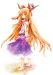  arms_behind_back bangs barefoot bow chain dirt feet full_body hair_bow horn_ribbon horns ibuki_suika large_bow light_smile long_hair long_skirt orange_hair ribbon skirt smile solo standing tachibana_chata teenage touhou 