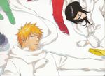  1girl black_hair bleach boots buttons closed_eyes closed_mouth cross-laced_footwear eyelashes feet from_above gloves green_footwear hair_between_eyes highres kubo_taito kuchiki_rukia kurosaki_ichigo long_sleeves looking_at_viewer lying official_art on_back on_ground on_side orange_hair out_of_frame outstretched_arm pants parted_lips red_footwear red_pants scarf snow spiked_hair standing white_background white_coat white_footwear white_gloves white_scarf 