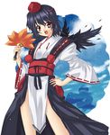  alternate_costume black_hair black_wings fan hand_on_hip hat hauchiwa highres japanese_clothes kourindou_tengu_costume looking_at_viewer open_mouth pelvic_curtain red_eyes shameimaru_aya short_hair smile solo tokin_hat touhou uemukai_dai wings 