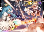  battle blonde_hair blue_hair danmaku duel food fruit hat hinanawi_tenshi horns hota ibuki_suika keystone long_hair multiple_girls peach red_eyes rope shimenawa sword sword_of_hisou touhou weapon 