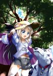  absurdres blonde_hair blue_eyes cape casual dog fang hat highres little_busters! long_hair noumi_kudryavka panties pantyshot pink_panties reita shorts solo strelka tree underwear upshorts 