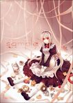  albino blush cake candy checkerboard_cookie cookie food long_hair maid maid_headdress non-web_source original pastry red_eyes sinsora sitting solo white_hair 