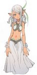  asymmetrical_hair bandages bare_shoulders blue_eyes braid copyright_request dark_skin earrings elf iwasaki_minako jewelry long_hair midriff navel pointy_ears silver_hair simple_background skirt solo twin_braids 