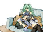  1girl aqua_eyes aqua_hair bad_id bad_pixiv_id blue_eyes blue_hair blue_scarf couch detached_sleeves hatsune_miku irono_(irtyu) kaito lap_pillow long_hair pillow scarf skirt thighhighs twintails very_long_hair vocaloid zettai_ryouiki 