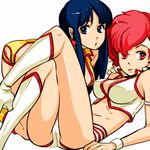  80s blue_eyes blue_hair boots breasts cleavage dirty_pair headband hoshino_lily kei_(dirty_pair) knee_boots large_breasts midriff multiple_girls oldschool red_eyes red_hair short_hair yuri_(dirty_pair) 