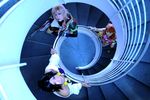  3girls black_eyes black_hair blonde_hair cosplay female final_fantasy final_fantasy_xiii lebreau lebreau_(cosplay) lightning_farron lightning_farron_(cosplay) multiple_girls oerba_dia_vanille oerba_dia_vanille_(cosplay) photo red_hair sexy stairs weapon 