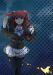  armband belt black_legwear blue_eyes breasts bug butterfly chain-link_fence fence hair_bobbles hair_ornament hatsuka_nezumi insect large_breasts pleated_skirt red_hair skirt solo tears thigh_gap thighhighs umineko_no_naku_koro_ni ushiromiya_ange zettai_ryouiki 