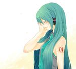  alternate_hairstyle aqua_hair bad_id bad_pixiv_id blush closed_eyes hair_down hand_on_own_face hatsune_miku headphones lips long_hair necktie nemutagari profile smile solo tears very_long_hair vocaloid 