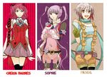  bad_id bad_pixiv_id belt brown_background brown_eyes character_name cheria_barnes flower gradient_hair multicolored_hair multiple_girls pascal pink_background pink_hair purple_background purple_eyes purple_hair red_hair ribbon scarf short_twintails skirt sophie_(tales) tales_of_(series) tales_of_graces thighhighs twintails two_side_up white_hair 