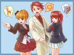  2girls animal arm_holding armband bad_id bad_pixiv_id beatrice blonde_hair blue_eyes blush brother_and_sister fang formal giraffe hair_bobbles hair_ornament iwa_hinata koala lion multiple_girls necktie pointing red_eyes red_hair siblings skirt speech_bubble spoken_animal suit twintails umineko_no_naku_koro_ni ushiromiya_ange ushiromiya_battler 