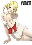  arm_support bare_shoulders blonde_hair blue_eyes blush breasts catherine catherine_(game) cleavage dress drill_hair finger_to_mouth large_breasts lipstick lowres makeup off_shoulder oyaman ribbon short_hair solo strap_slip thighhighs twin_drills twintails 