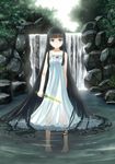  bad_id bad_pixiv_id bangs bare_shoulders barefoot black_hair blue_eyes blunt_bangs dagger dress long_hair looking_at_viewer original rock smile solo very_long_hair wading water waterfall weapon white_dress yakka 