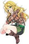  ahoge bad_id bad_pixiv_id belt blonde_hair blush boots green_eyes highres hoshii_miki idolmaster idolmaster_(classic) kasuga_souichi knee_boots long_hair miniskirt plaid skirt sleeves_folded_up solo squatting 