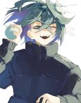  1boy alternate_costume black_hair black_jacket blush closed_eyes commentary_request crossed_bangs hair_between_eyes highres jacket kieran_(pokemon) long_sleeves male_focus multicolored_hair open_mouth pokemon pokemon_scarlet_and_violet purple_hair simple_background snowball snowball_fight sobamisosyou solo teeth twitter_username upper_body upper_teeth_only white_background 