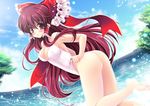  :o adjusting_clothes adjusting_swimsuit ass bare_shoulders barefoot blush bow breasts brown_hair cleavage covered_nipples day fisheye hair_bow hair_tubes hakurei_reimu light_particles long_hair medium_breasts one-piece_swimsuit one-piece_thong red_eyes sakurano_tsuyu sky solo swimsuit touhou water white_swimsuit 